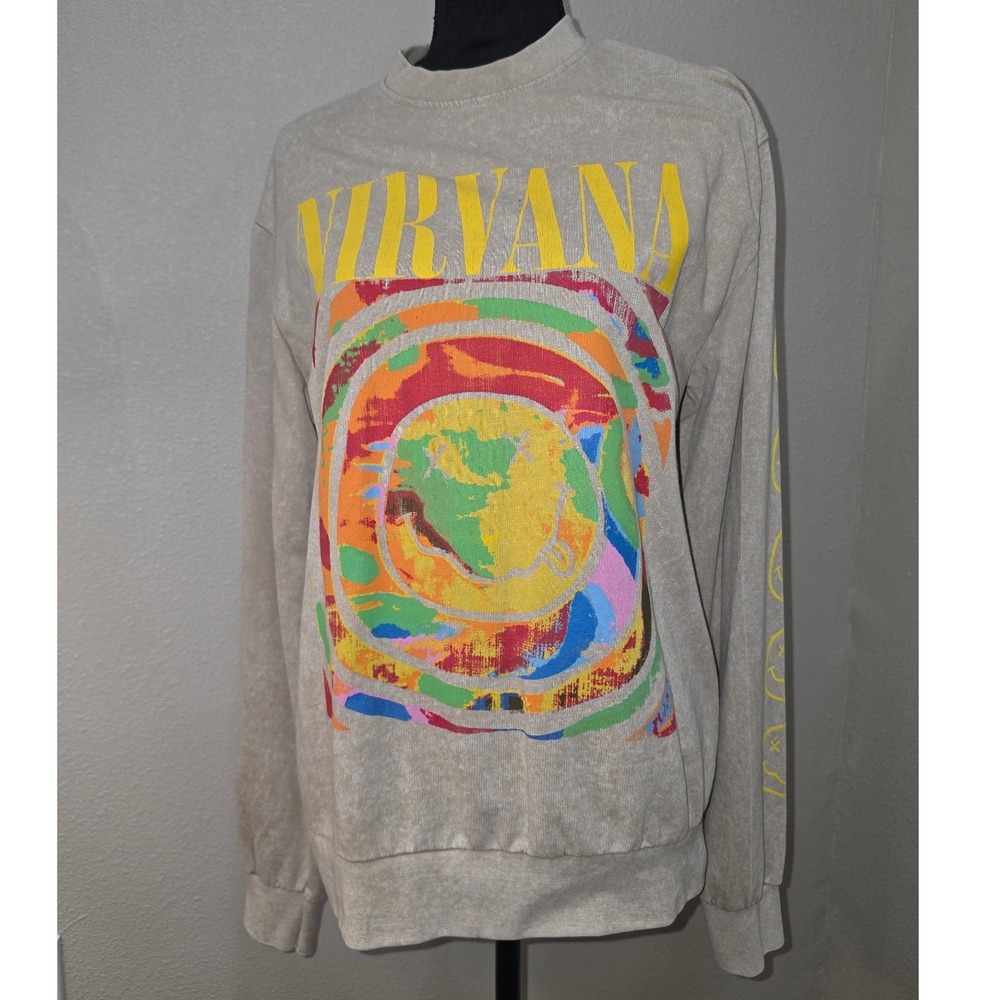 Nirvana Acid Wash Graphic Sweatshirt Mens Medium Tan Smiley Face Crewneck